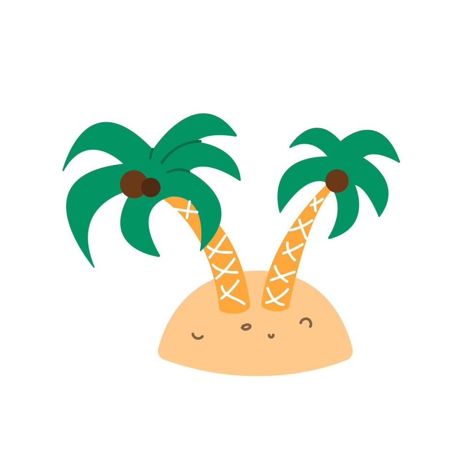 Palm trees with coconuts on small island, vector illustration in flat cartoon style on white background