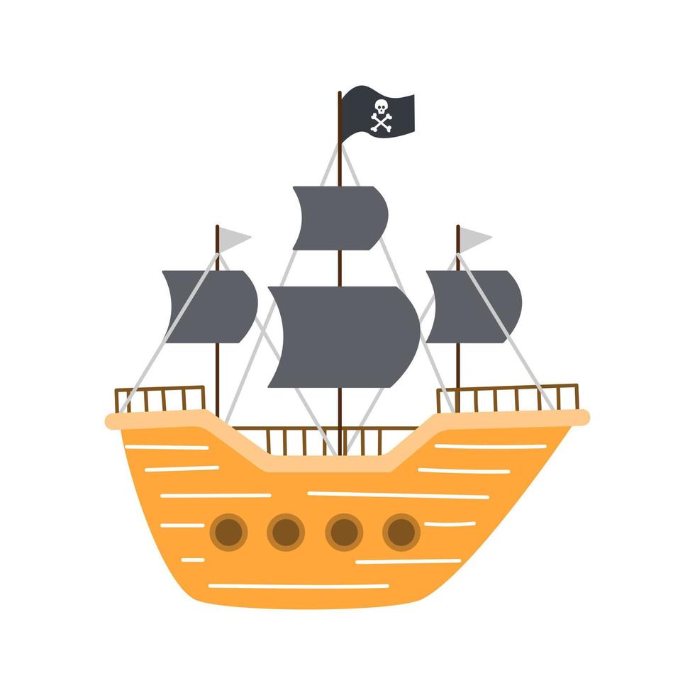 Pirate ship in flat cartoon style, vector illustration on white background