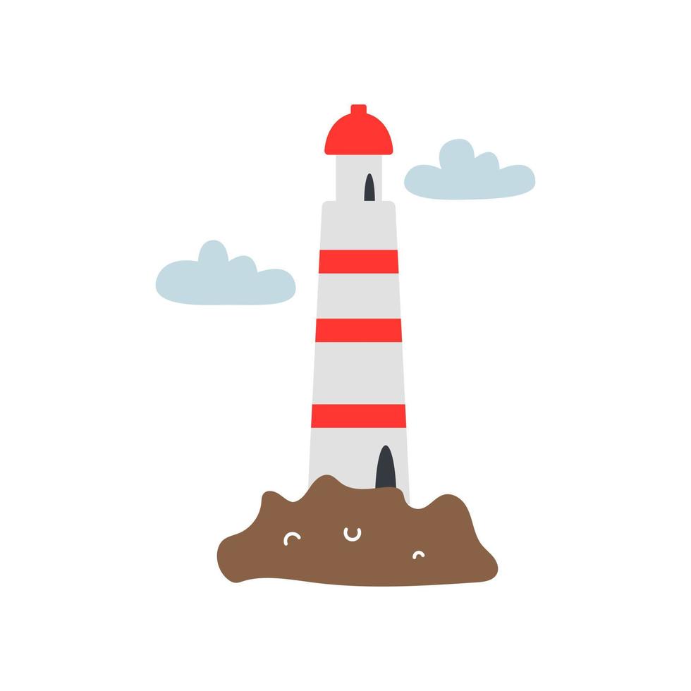 Lighthouse on an island with clouds on white background. Vector illustration in flat style