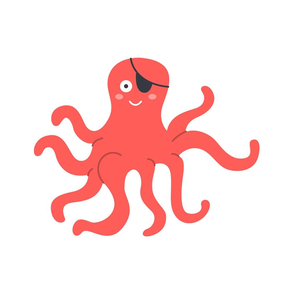 pulpo gracioso lindo con parche pirata, ilustración vectorial en estilo de dibujos animados plana vector