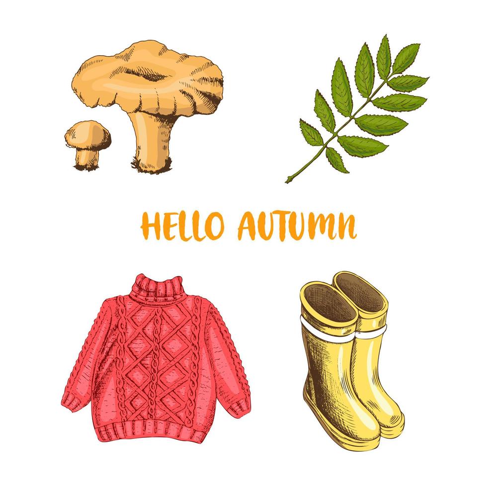 una ilustración de vector vintage conjunto de iconos de otoño. Ilustración dibujada a mano con botas de goma, suéter, hojas, setas.