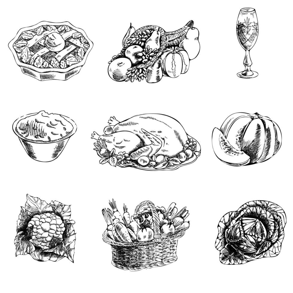 Vector hand-drawn thanksgiving Illustration. Vintage style. Retro food menu. Vintage sketch.