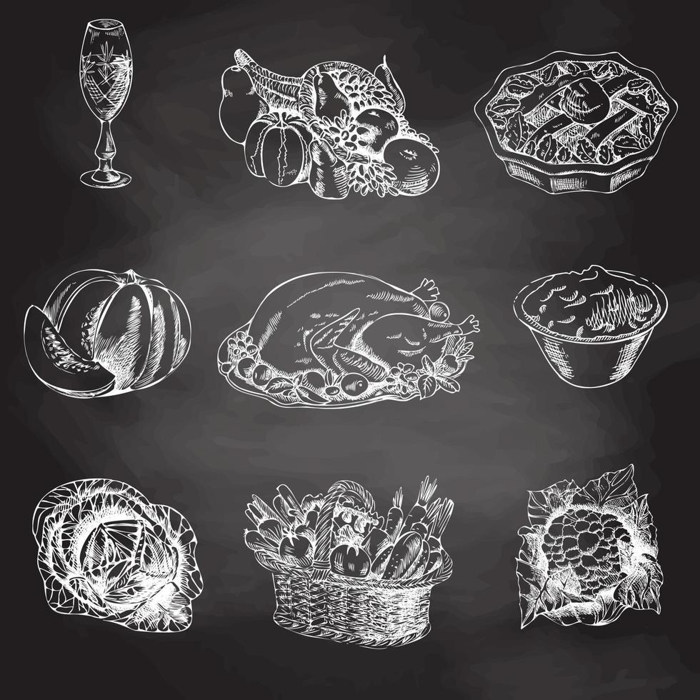 Vector hand-drawn thanksgiving Illustration. Vintage style food menu. Chalkboard.  Vintage sketch.