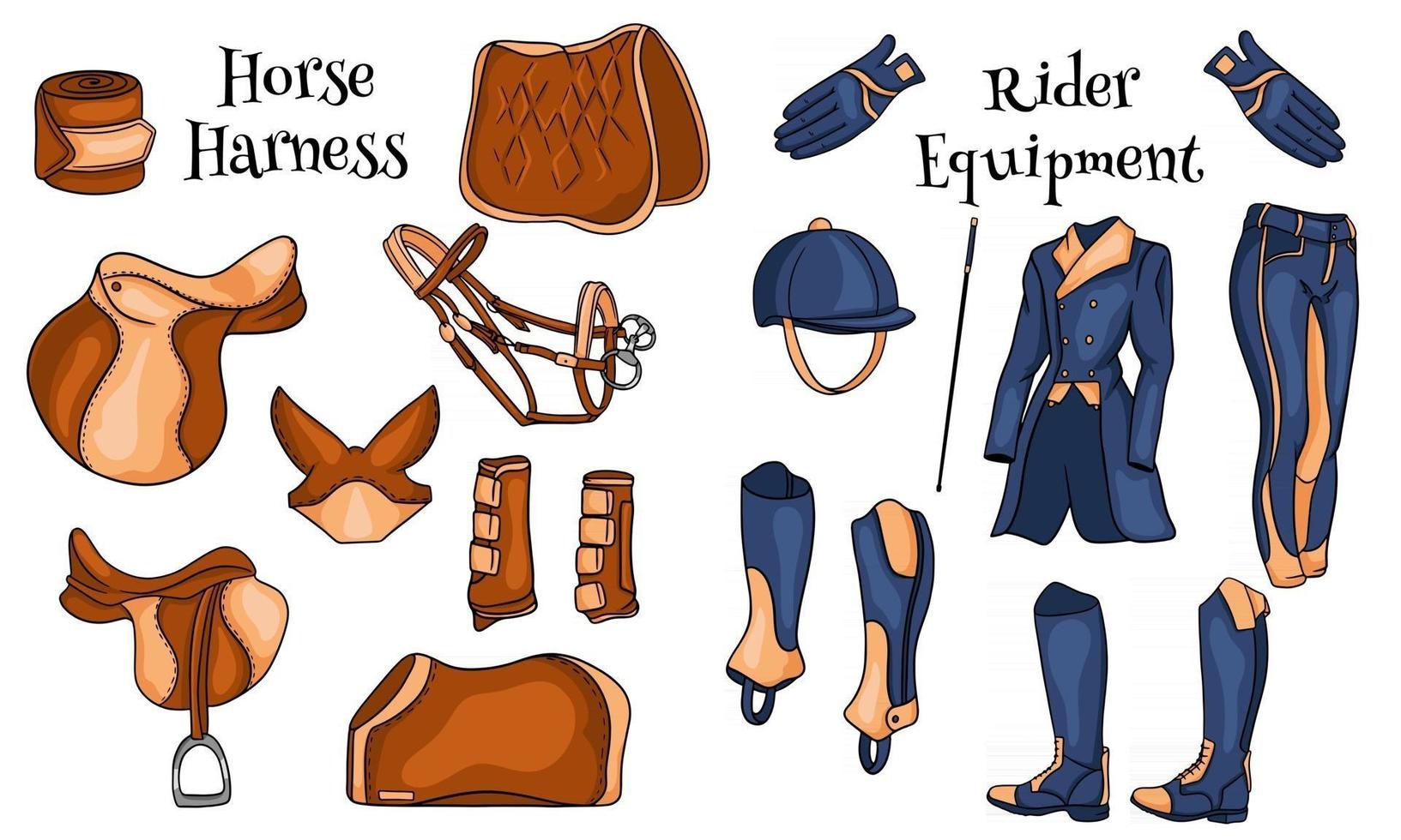 Gran conjunto de equipos para el jinete y municiones para la ilustración del caballo en dibujos animados. vector