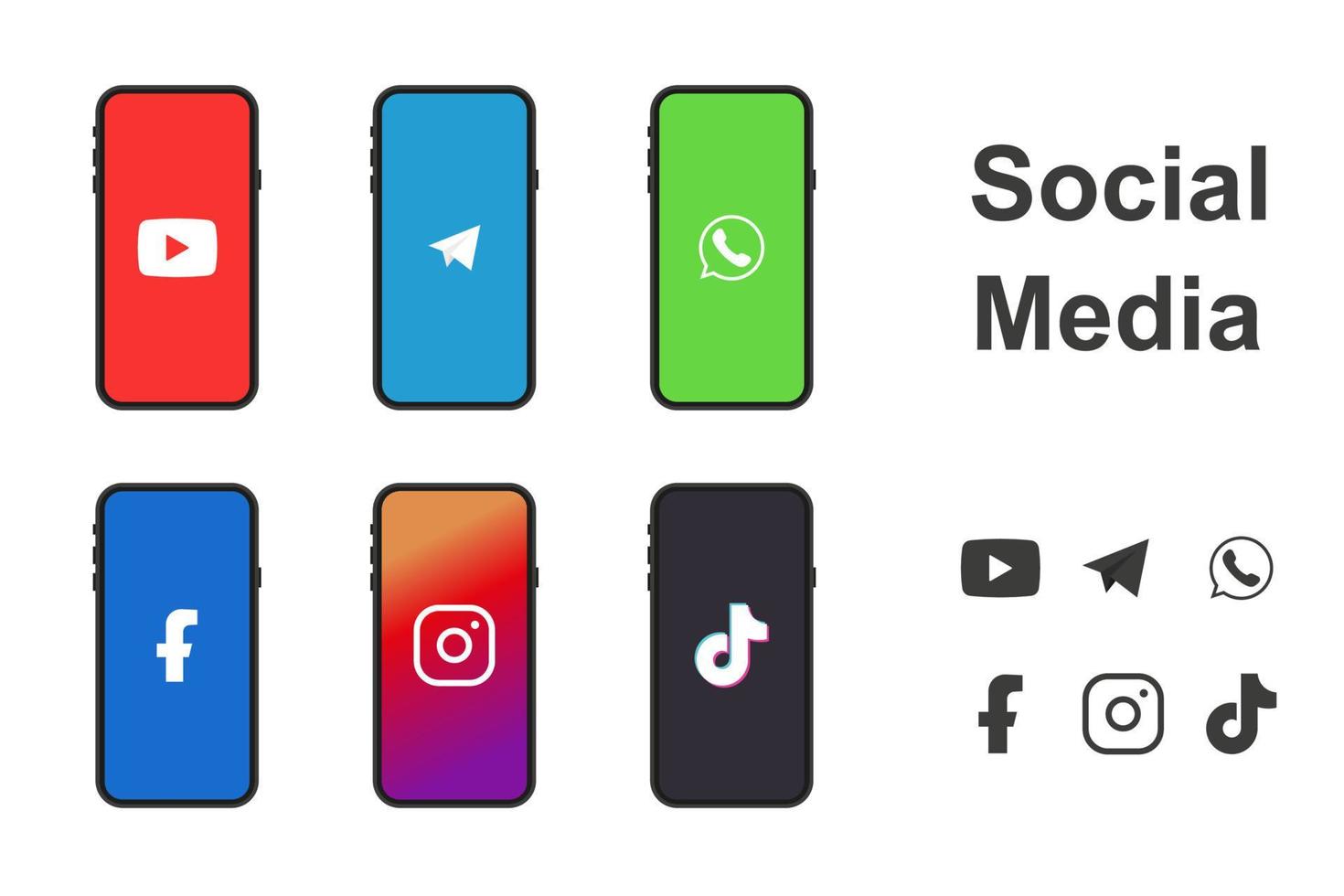 YouTube, Telegram, Whatsapp, Facebook, Insatgram, TikTok. Social media illustration icons. Vector in flat design
