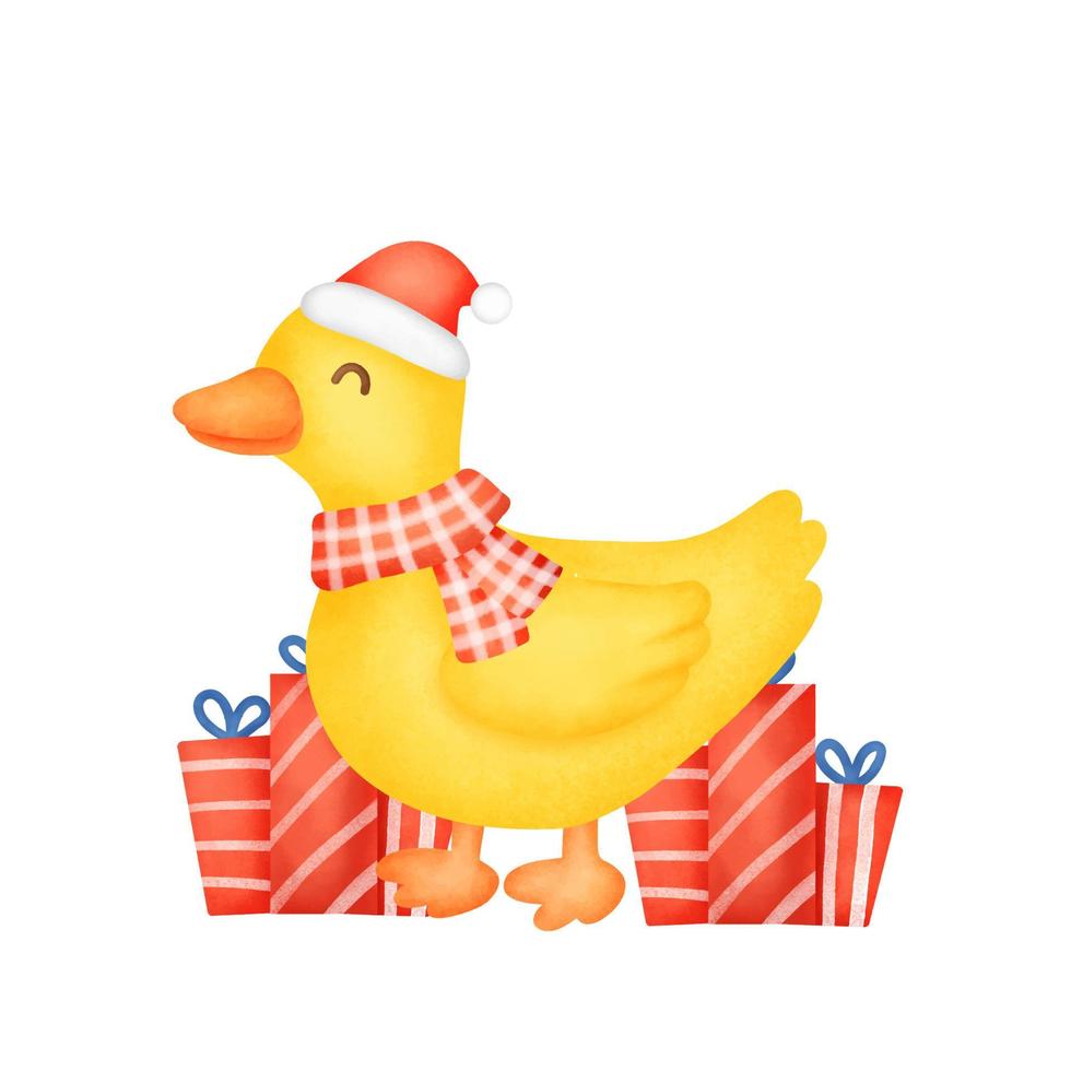 un lindo pato para tarjeta de navidad en estilo acuarela. vector