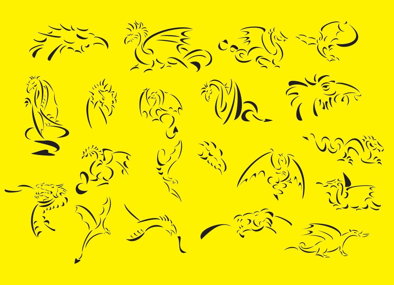 Line-art vector illustrations of dragons