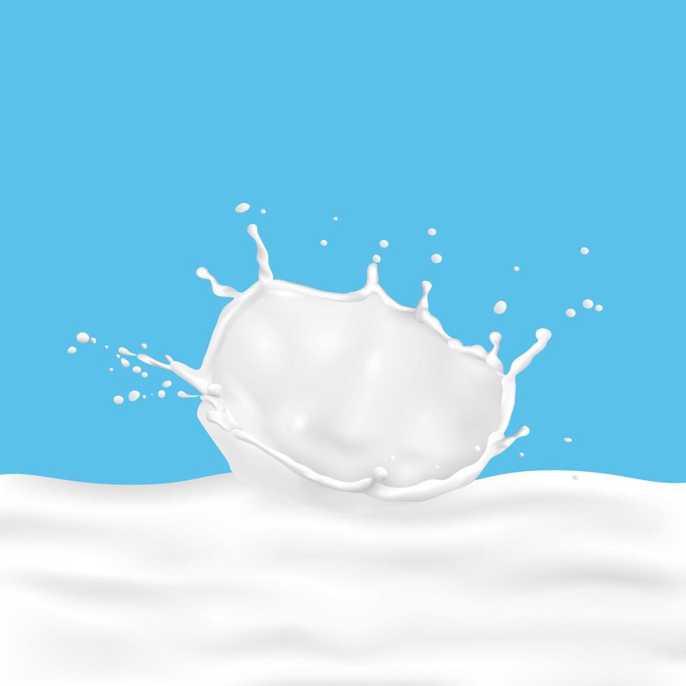 Verter salpicaduras de leche sobre fondo azul. vector