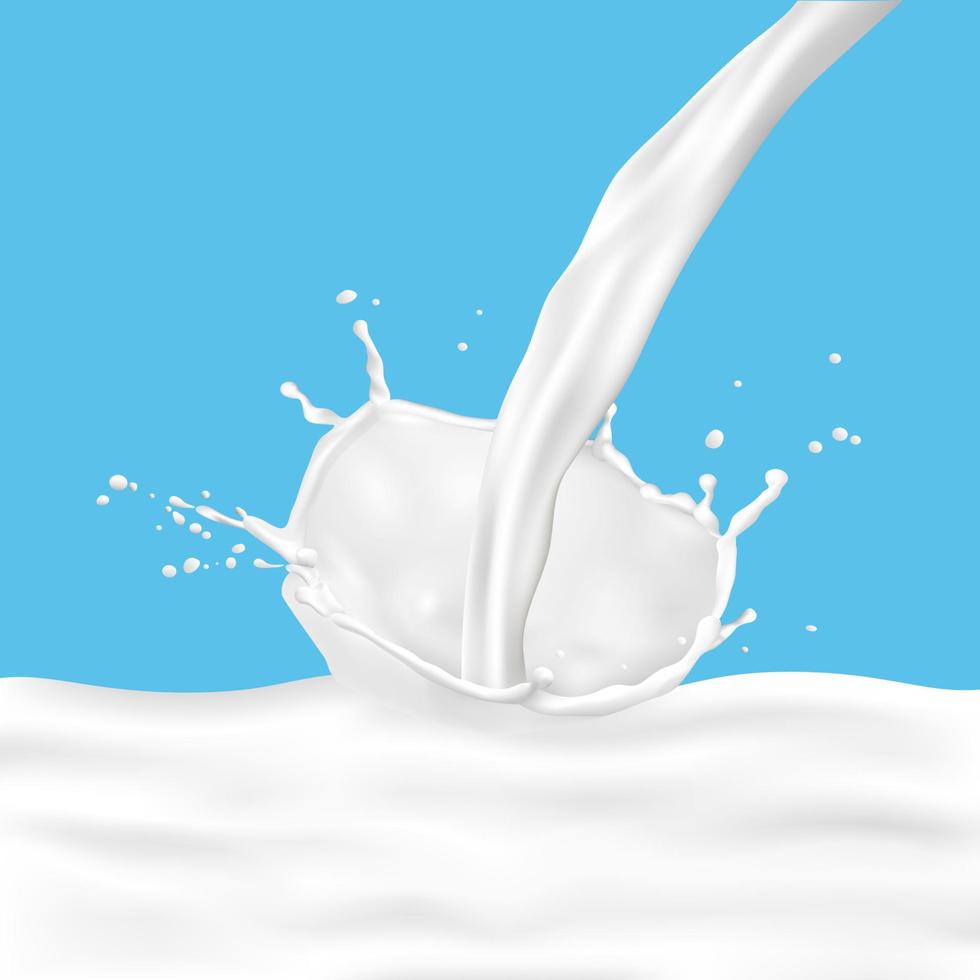 Verter la leche realista con salpicaduras de leche sobre fondo azul. vector