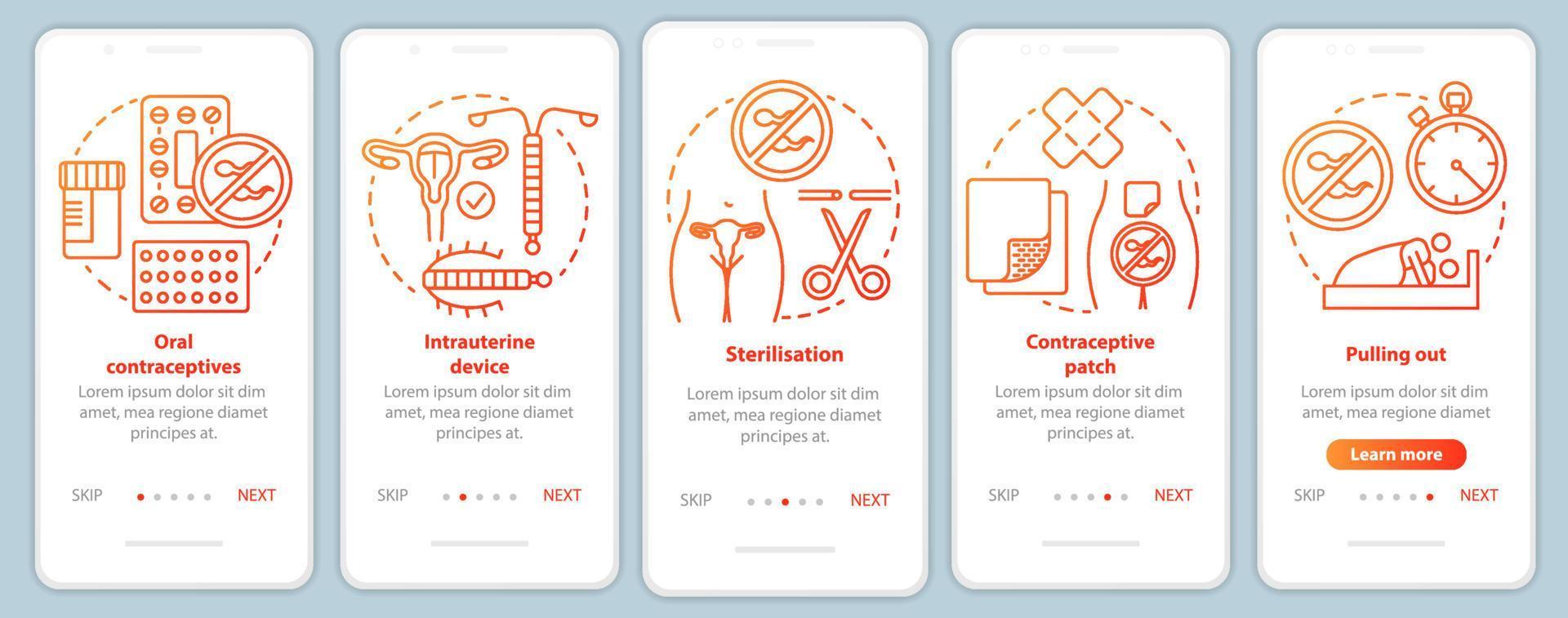 plantilla de vector de pantalla de página de aplicación móvil de incorporación de sexo seguro