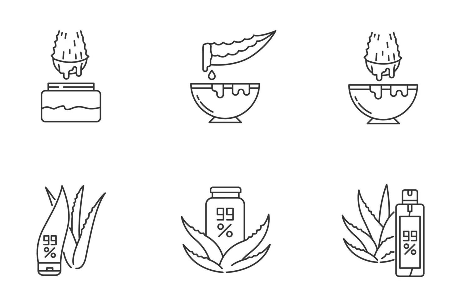 Aloe vera pixel perfect linear icons set. Medicinal herbs juice. Pure lotion. Healing liquid from plants. Customizable thin line contour symbols. Isolated vector outline illustrations. Editable stroke