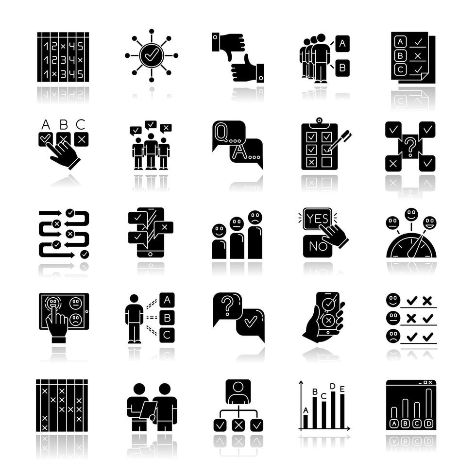 Survey drop shadow black glyph icons set. Question and answer. Social poll. Group survey. Interview. Positive and negative feedback. Statistics analysis. Yes, no. Isolated vector illustrations