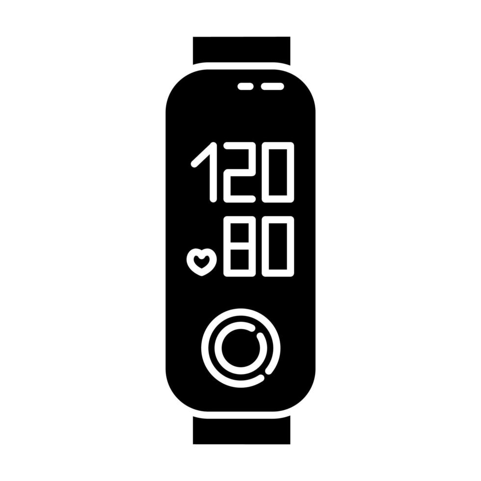 Fitness tracker with blood pressure glyph icon. Wellness device with tonometer. Smartwatch with cardiovascular condition monitoring. Silhouette symbol. Negative space. Vector isolated illustration