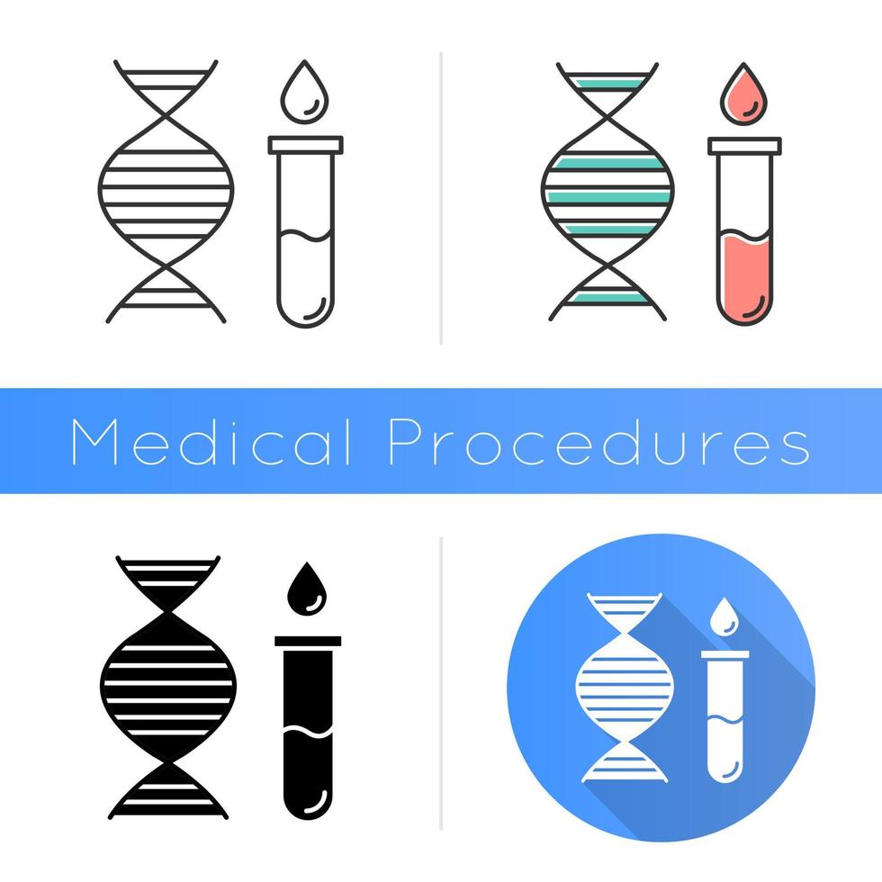 Genetic testing icon. DNA examination. Medical procedure. Laboratory check. Biochemistry. Chromosome, gene helix. Science. Flat design, linear and color styles. Isolated vector illustrations