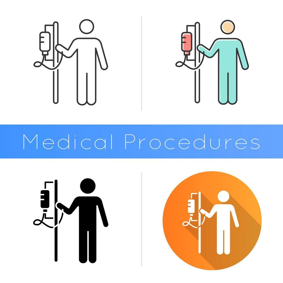 Dropper icon. Medical procedure. Healthcare services. Patient with drip. Hospitalization. Infusion. Postsurgical care. Recovery. Flat design, linear and color styles. Isolated vector illustrations