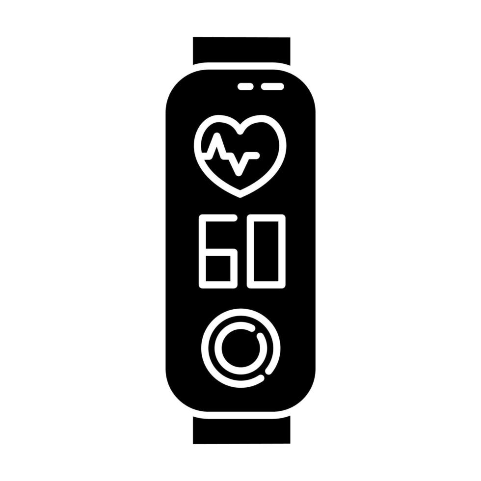 rastreador de fitness con icono de glifo de monitorización de frecuencia cardíaca. dispositivo de bienestar con control de los latidos del corazón. aplicación de fitness con pulso en pantalla. símbolo de silueta. espacio negativo. vector ilustración aislada