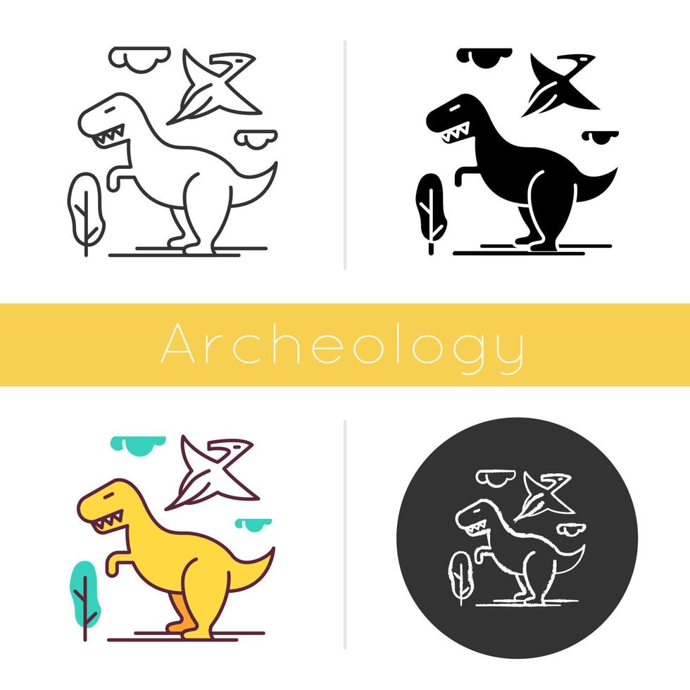 Dinosaurs icon. Prehistoric animals. Tyrannosaurus rex. Flying pterodactyl. Jurassic park. Ancient wildlife. Archeology and history. Flat design, linear and color styles. Isolated vector illustrations