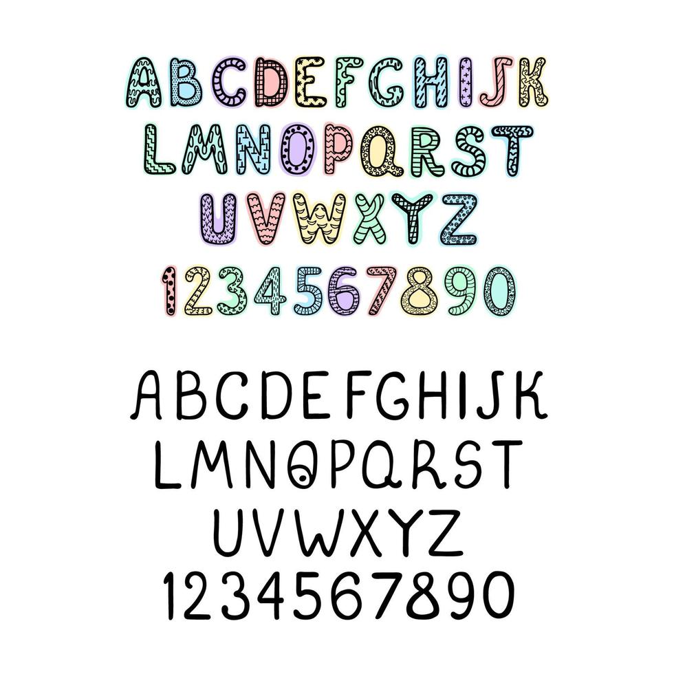 Vector cute colorful alphabet for kids. Can be used as elemets for your design for greeting cards, nursery, poster, card, birthday party, packaging paper design, baby t-shirts prints