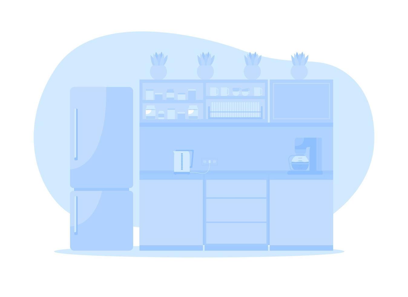 Blue corporate kitchen 2D vector isolated illustration. Cupboards with appliance and refrigerator. Office eating area flat interior on cartoon background. Dining room colourful scene