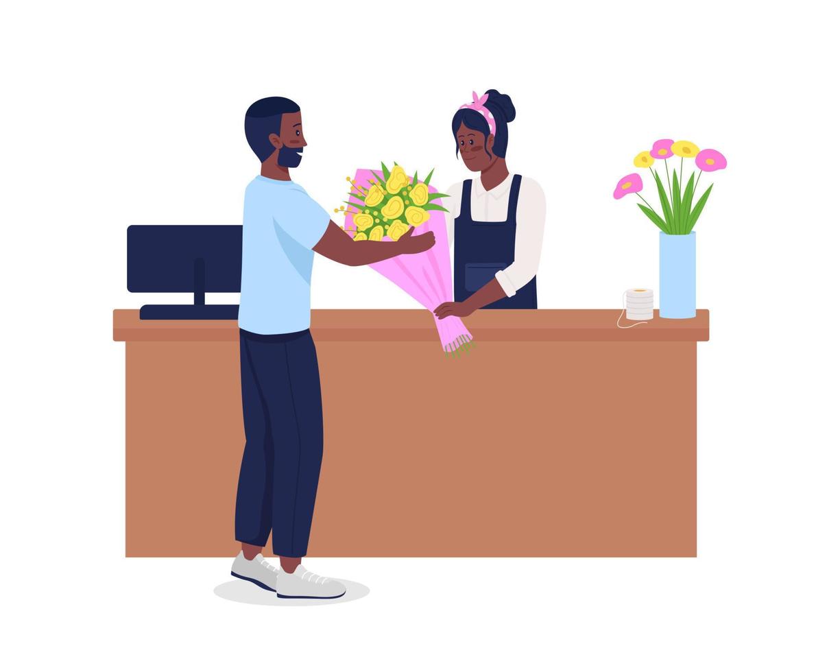 Flower shop semi flat color vector characters. Interacting figures. Full body people on white. Florist service isolated modern cartoon style illustration for graphic design and animation