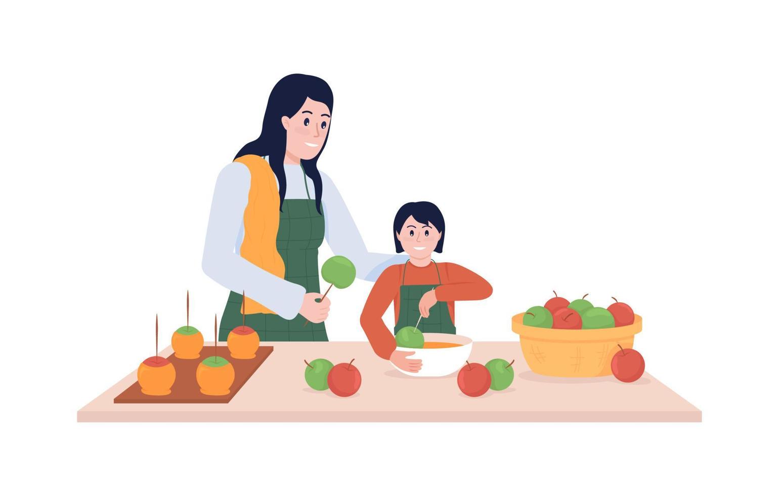 Familia cocinando personajes vectoriales de color semi plano. posando figuras. personas de cuerpo entero en blanco. Actividad estacional otoñal aislada ilustración moderna de estilo de dibujos animados para diseño gráfico y animación vector