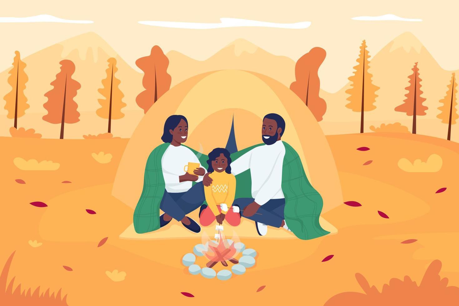 Camping familiar en la ilustración de vector de color plano de otoño. madre y padre sentados con el niño frente a la fogata. Padres felices con personajes de dibujos animados 2d de niños con paisaje de fondo