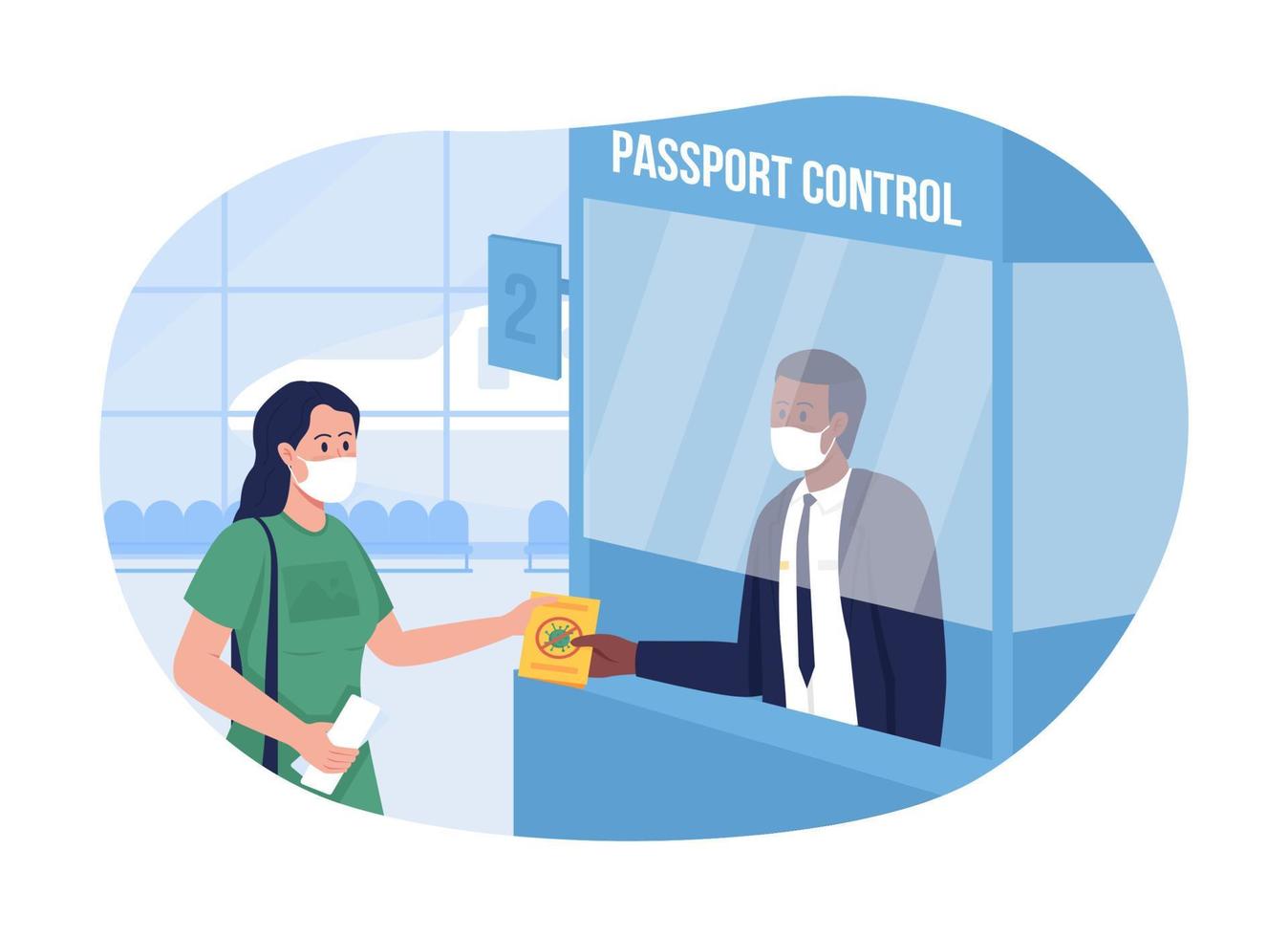 control de pasaportes seguro en el aeropuerto 2d vector ilustración aislada. mujer muestra billete de avión. personas con máscaras faciales respiratorias personajes planos sobre fondo de dibujos animados. precaución de viaje colorida escena