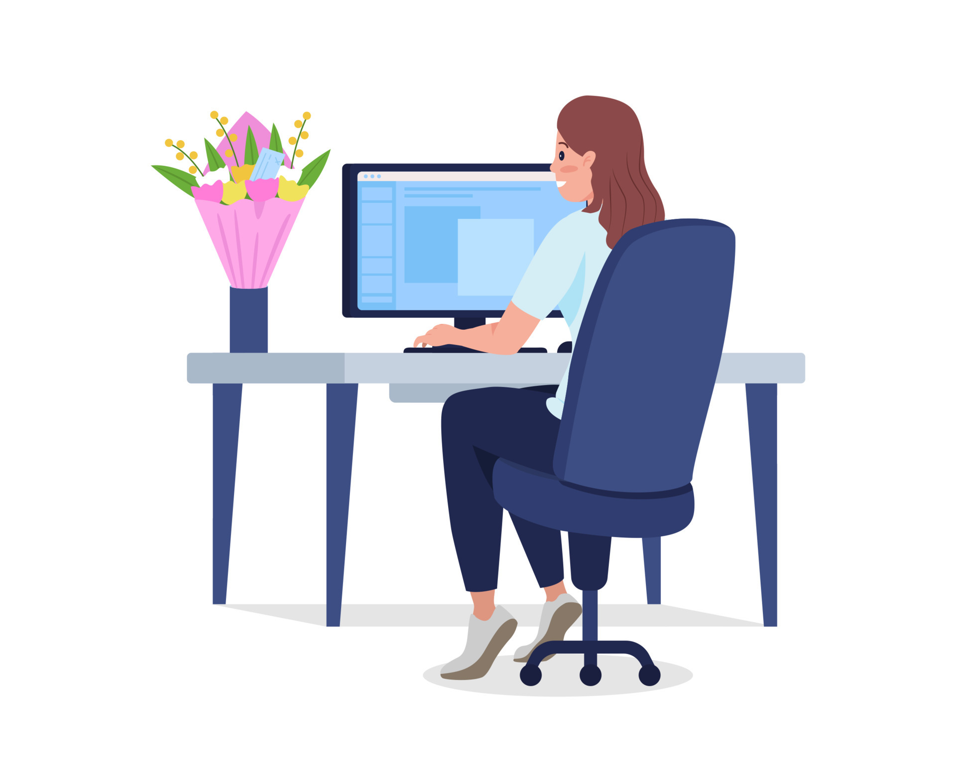 Lady at desk with bouquet semi flat color vector character. Working figure.  Full body person on white. Romantic gift isolated modern cartoon style  illustration for graphic design and animation 3685590 Vector Art