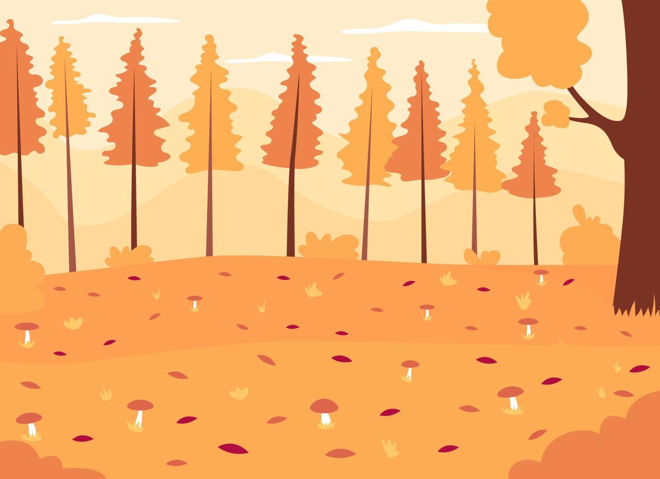 Ilustración de vector de color plano de bosques de otoño. paisaje estacional con setas en crecimiento. paisaje otoñal panorámico. otoño bosque paisaje de dibujos animados 2d sin gente en el fondo