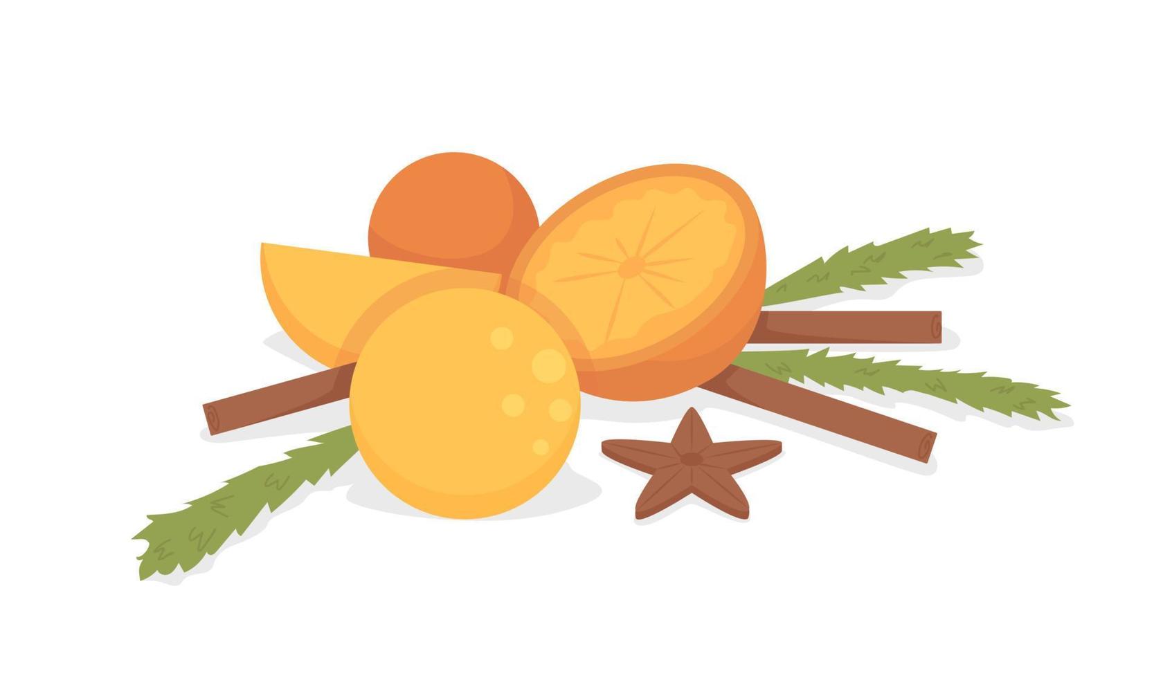 ingredientes para objetos vectoriales de color semi plano de vino caliente. naranjas frescas. artículo completo en blanco. cosecha otoñal aislado ilustración de estilo de dibujos animados moderno para diseño gráfico y animación vector