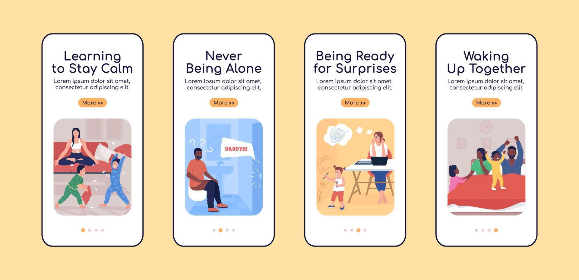 Parenting challenges onboarding mobile app screen flat vector template. Walkthrough website 4 steps with characters. Creative UX, UI, GUI smartphone cartoon interface, case prints set