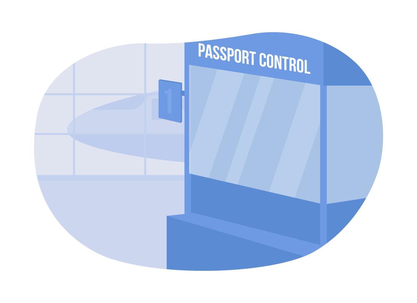 Document control in airport 2D vector isolated illustration. Stand for checking documents. Airplane terminal flat scenery on cartoon background. Border control for international flight colourful scene