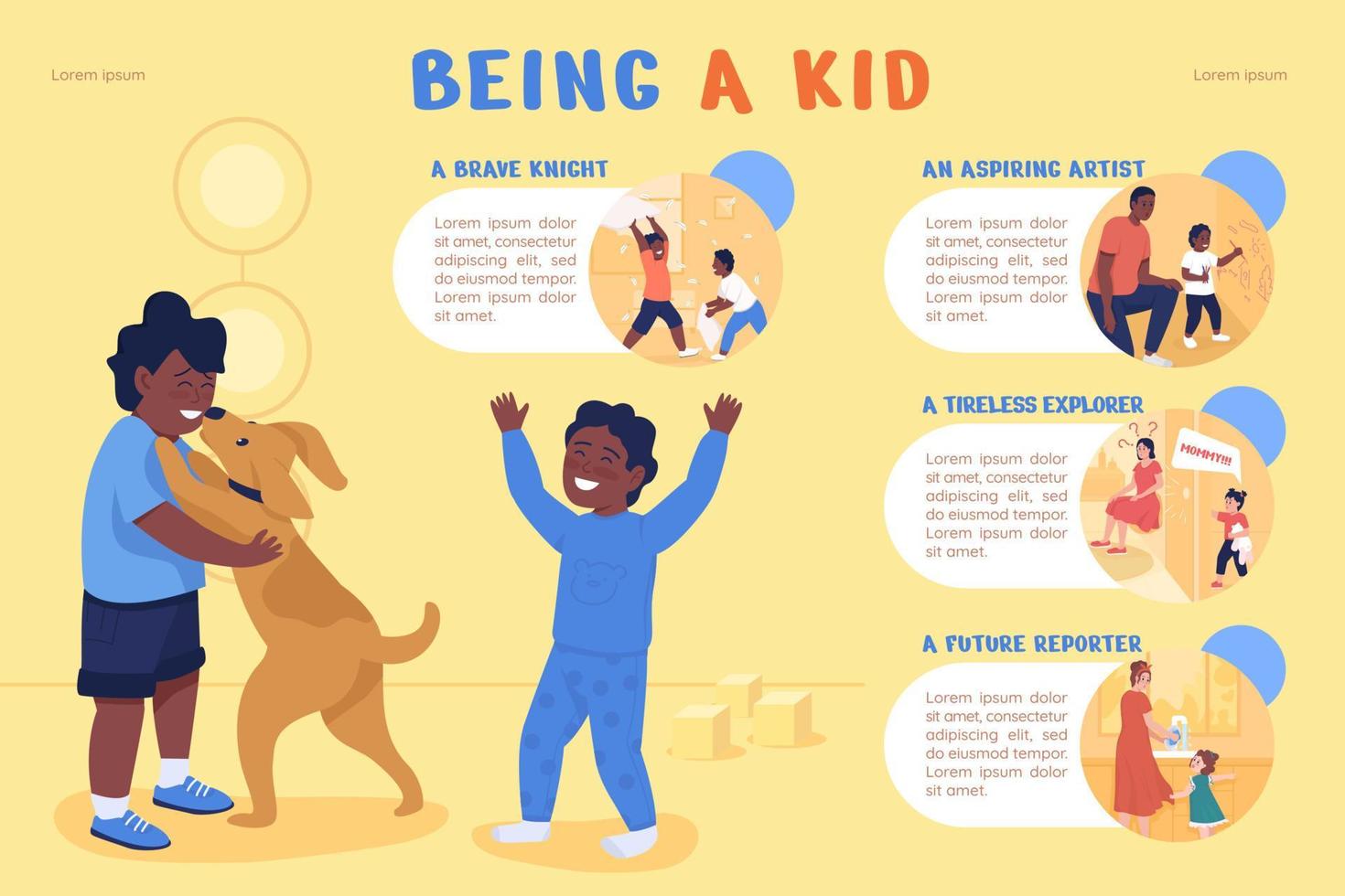 Being a kid flat color vector infographic template. Happy childhood. Poster with text, PPT page concept design with cartoon characters. Creative data visualization. Info banner idea