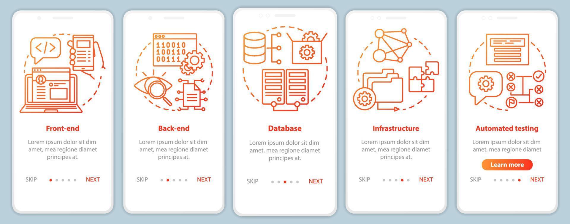 desarrollo de front-end, back-end, incorporación de plantilla de vector de pantalla de página de aplicación móvil