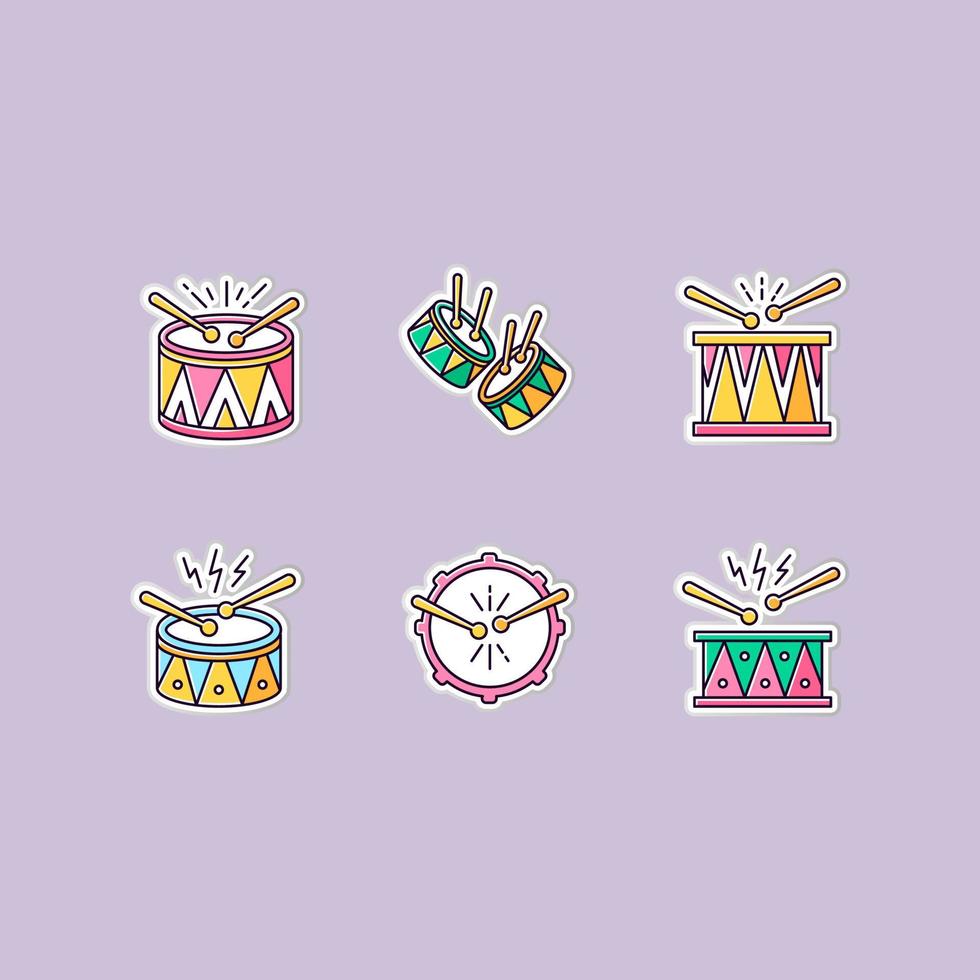 Brazilian music printable patches. Drums with drumsticks. RGB color stickers, pins and badges set. Samba. Musical instrument. Brazilian carnival. Festive drum parade. Vector isolated illustrations