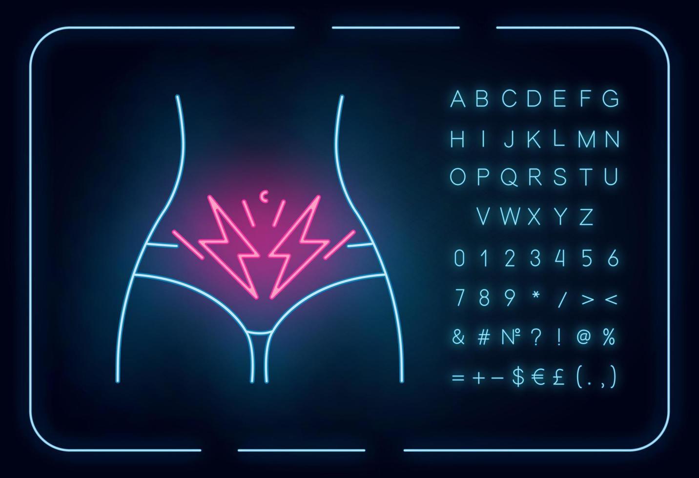 Cramp neon light icon. Menstrual abdominal pain. Predmenstrual syndrome. Female stomach pain. Diarrhea, constipation. Glowing sign with alphabet, numbers and symbols. Vector isolated illustration