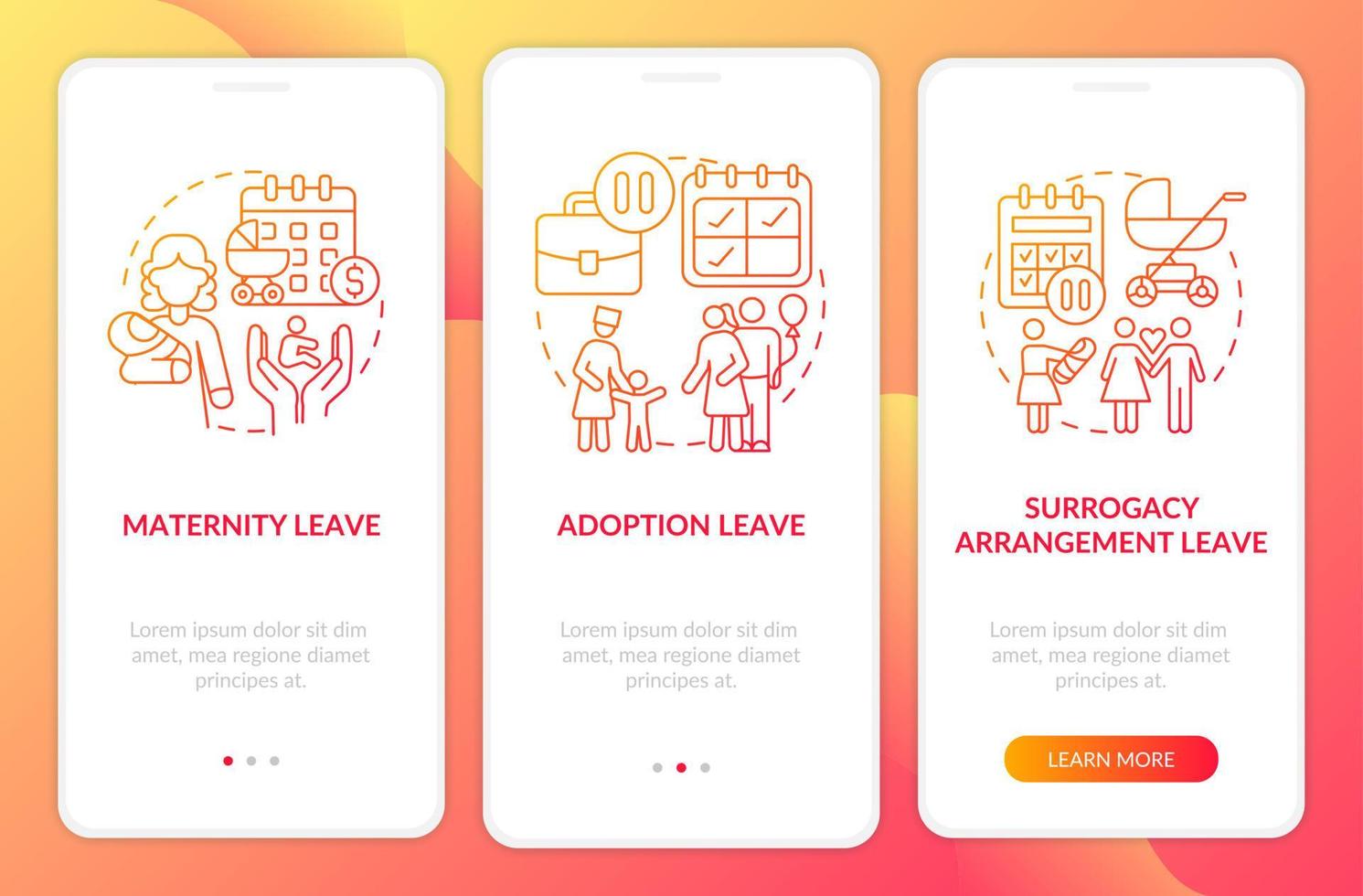 Maternity leave types red gradient onboarding mobile app page screen vector