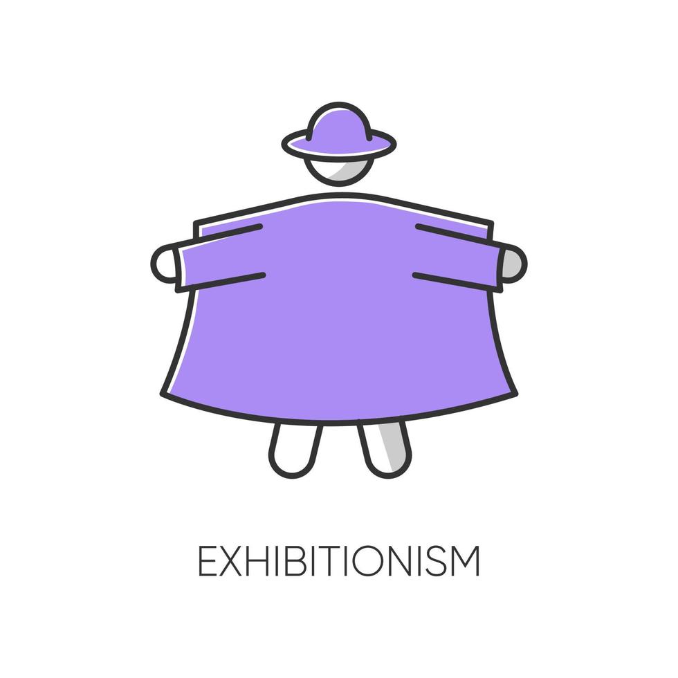 Exhibitionism color icon. Nude body exposure. Pervert in open coat. Deviation and perversion. Inappropriate erotic behaviour. Paraphilia. Mental disorder. Isolated vector illustration