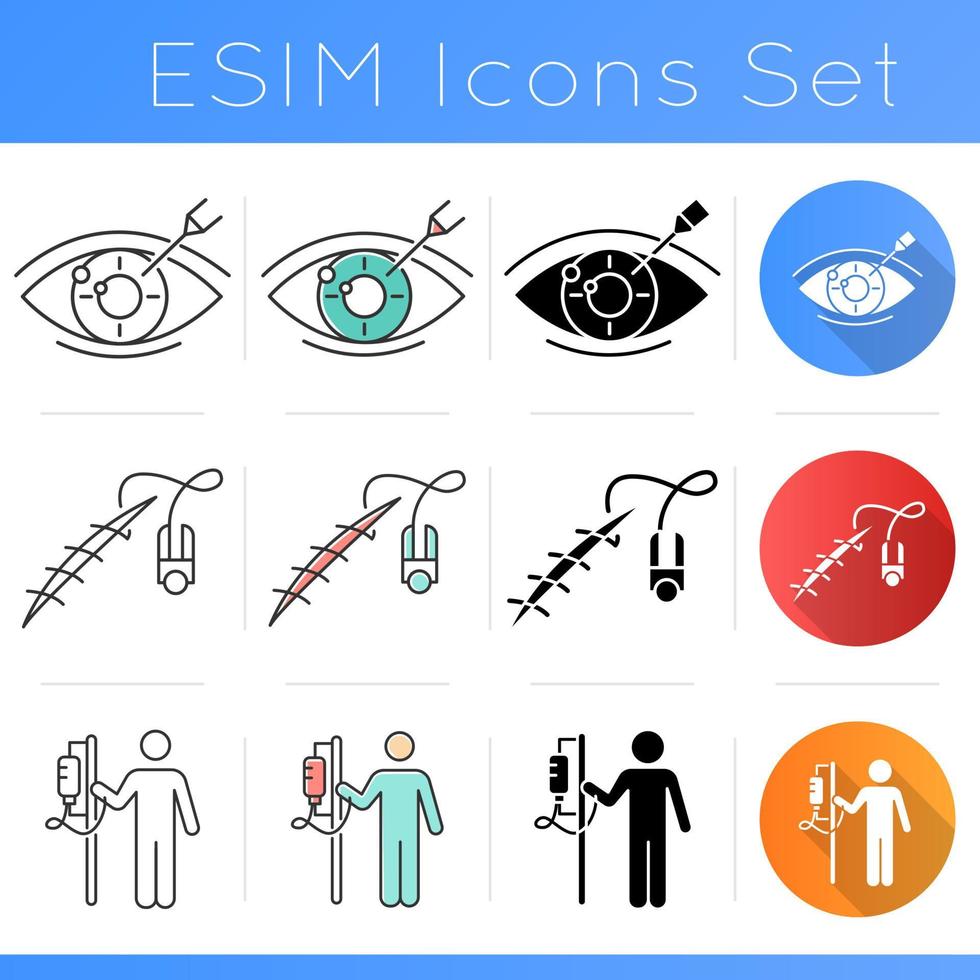Medical procedure icons set. Vision correction. Surgical stitching. Patient with dropper. Healthcare. Clinical aid. Flat design, linear, black and color styles. Isolated vector illustrations