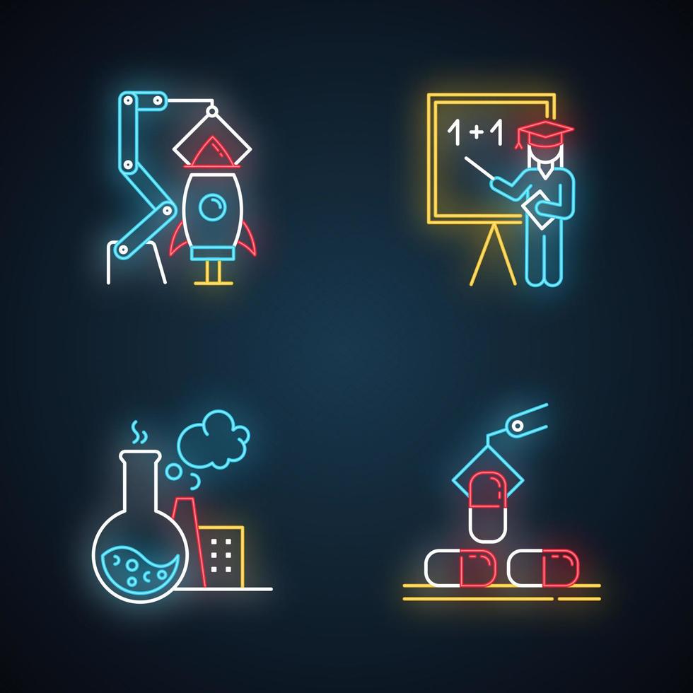 Industry types neon light icons set. Goods and services production. Aerospace, education, chemical and pharmaceutical sectors. Research and science. Glowing signs. Vector isolated illustrations