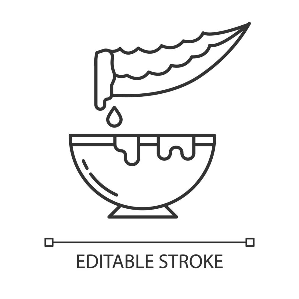 Plant extract pixel perfect linear icon. Cut medicinal herb thorn with bowl. Organic plant liquid. Thin line customizable illustration. Contour symbol. Vector isolated outline drawing. Editable stroke