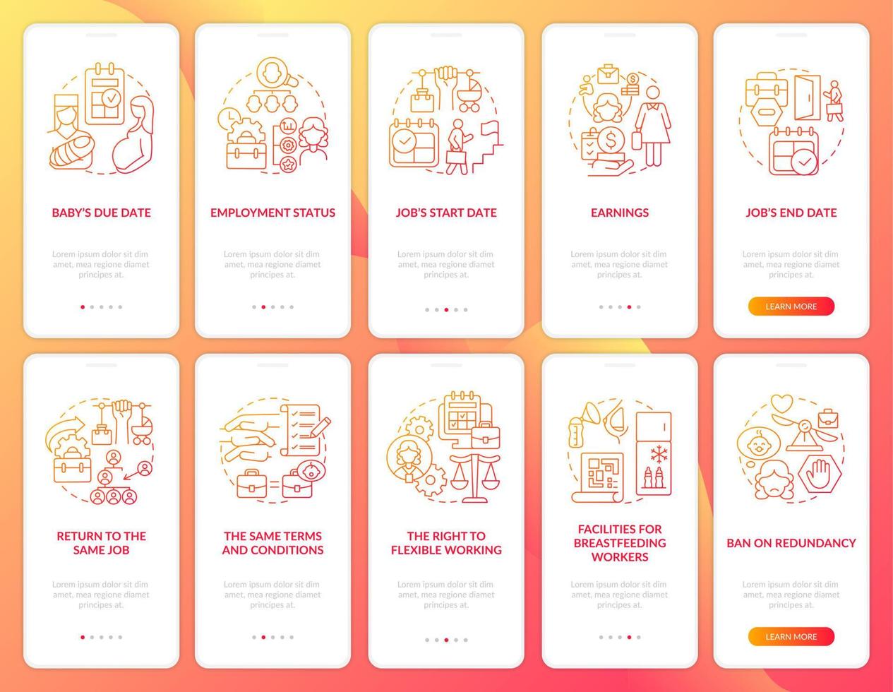 Maternity leave related red gradient onboarding mobile app page screen set vector