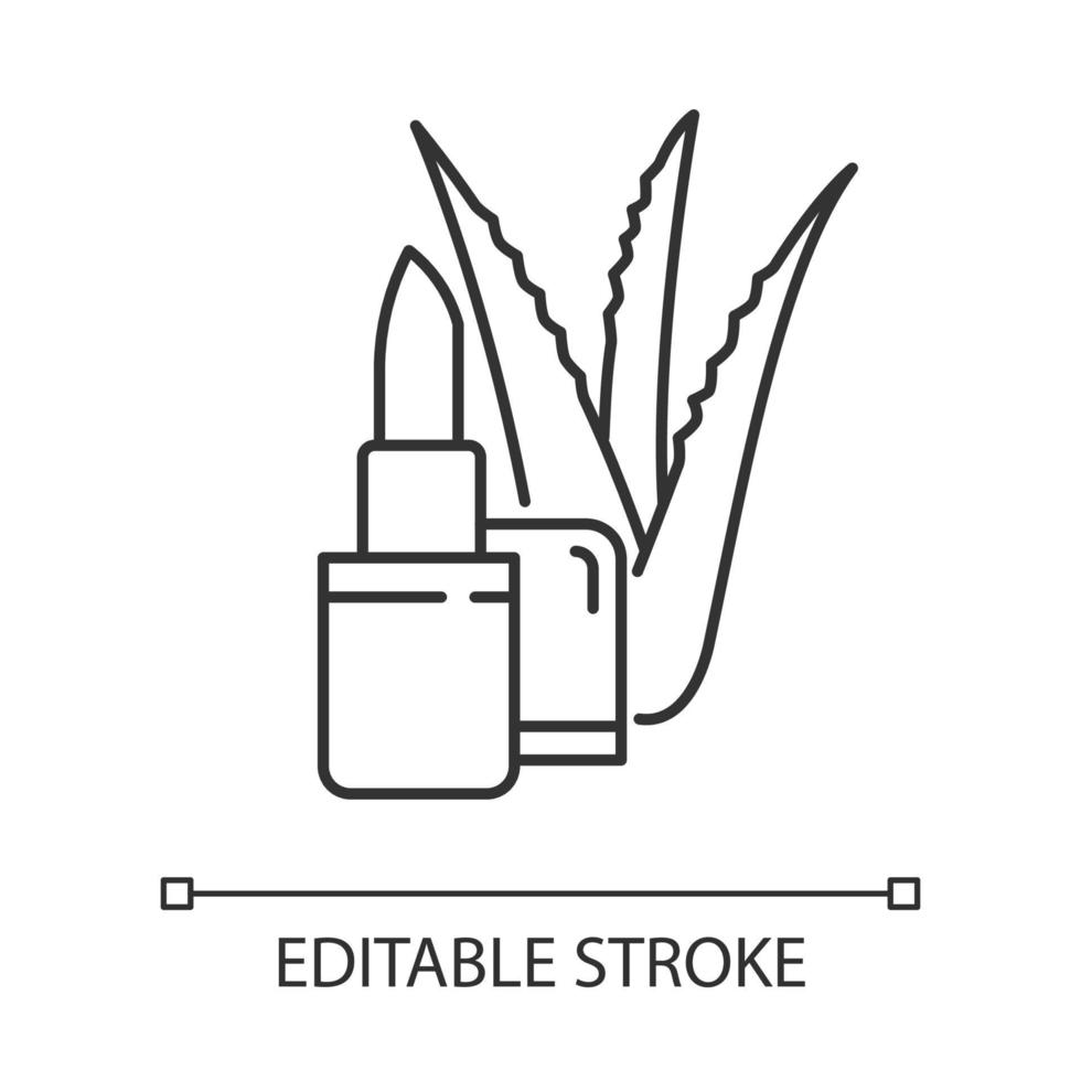 Organic lip balm pixel perfect linear icon. Organic cosmetic with aloe vera extract. Thin line customizable illustration. Contour symbol. Vector isolated outline drawing. Editable stroke