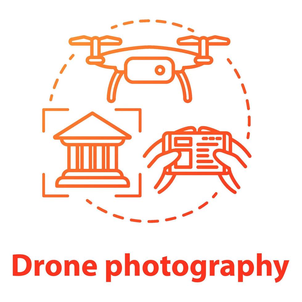 Drone photography concept icon. Quad copter with camera spying on house. Shooting historical objects from unusual angle. Vector isolated outline RGB color drawing