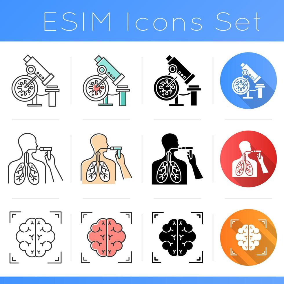 Medical procedure icons set. Infection test. Bronchoscopy. Brain scan. Neuroimaging. Healthcare. Blood examination. Flat design, linear, black and color styles. Isolated vector illustrations