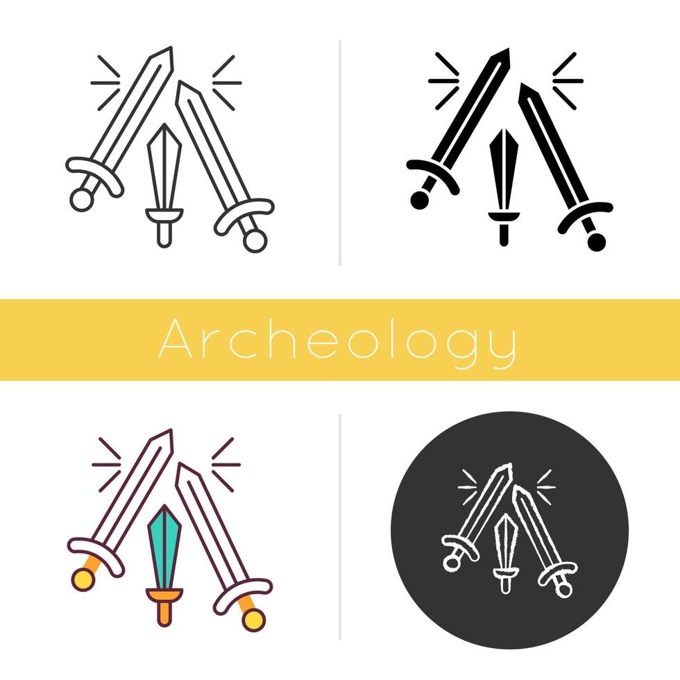 Sword fighting icon. Weapon clashing. Battling and war. Ancient history. Longswords and broadswords. Battlefield. Flat design, linear and color styles. Isolated vector illustrations