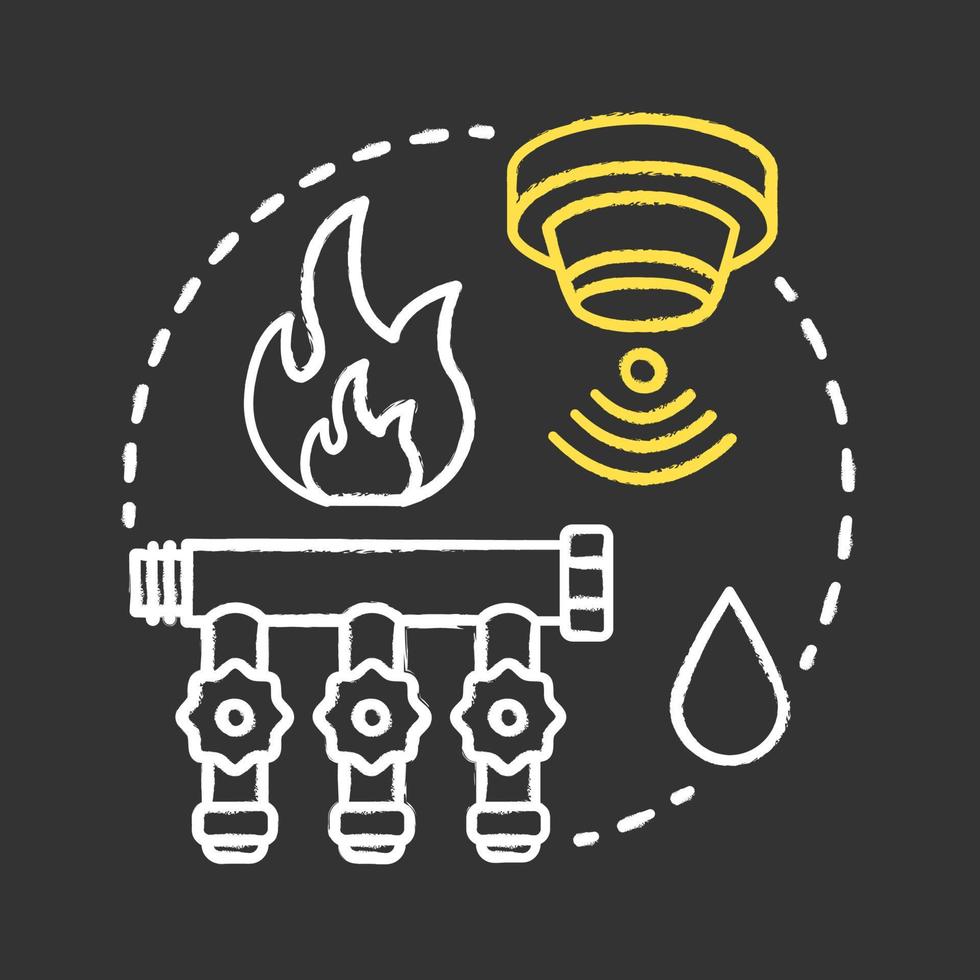 icono de concepto de tiza de protección contra incendios e inundaciones. idea de gestión de casa inteligente. tecnología innovadora para apartamento. sistemas detectores de humo y agua. vector ilustración de pizarra aislada