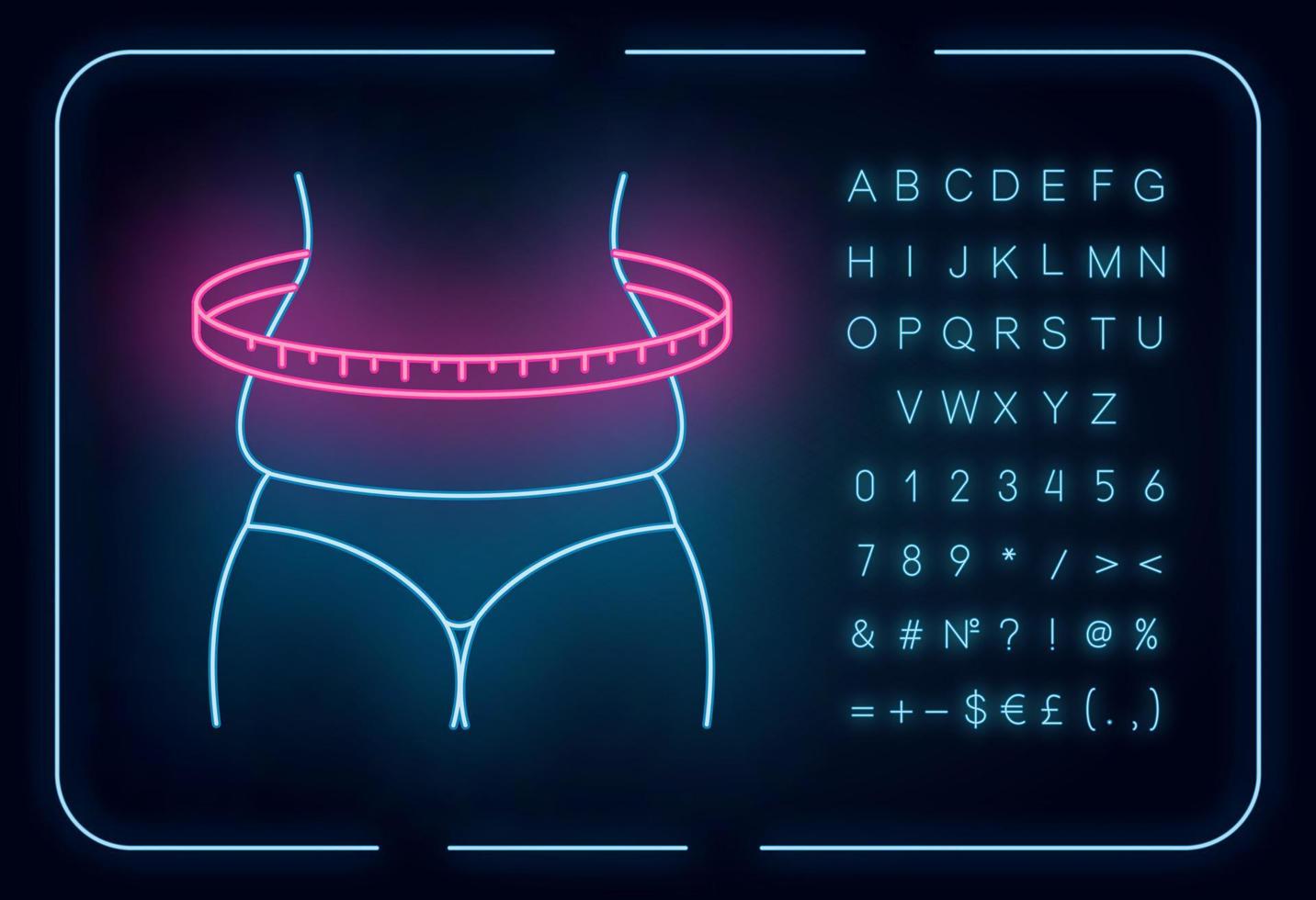 Weight change neon light icon. Overweight female body measurement. Cellulite on thighs. Predmenstrual syndrome symptom. Glowing sign with alphabet, numbers and symbols. Vector isolated illustration