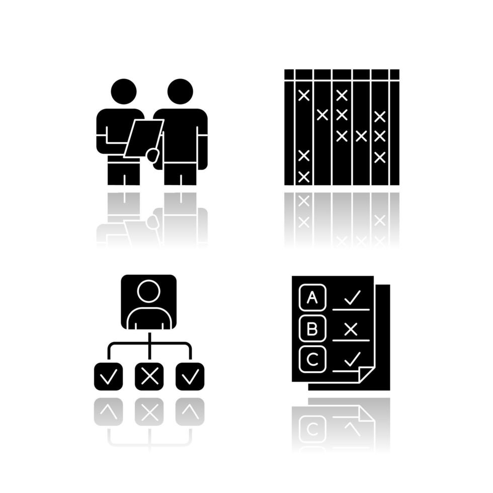Survey drop shadow black glyph icons set. Interview, questioning. Checklist mark. Info collection, analysis. Personal profile. Questionnaire. Check list, select option. Isolated vector illustrations