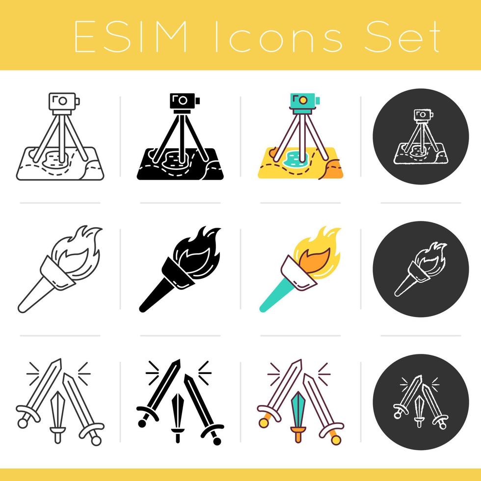Archeology icons set. Field survey. Cartography. Flaming medieval torch. Flambeau. Sword fight. Topographic research. Flat design, linear, black and color styles. Isolated vector illustrations